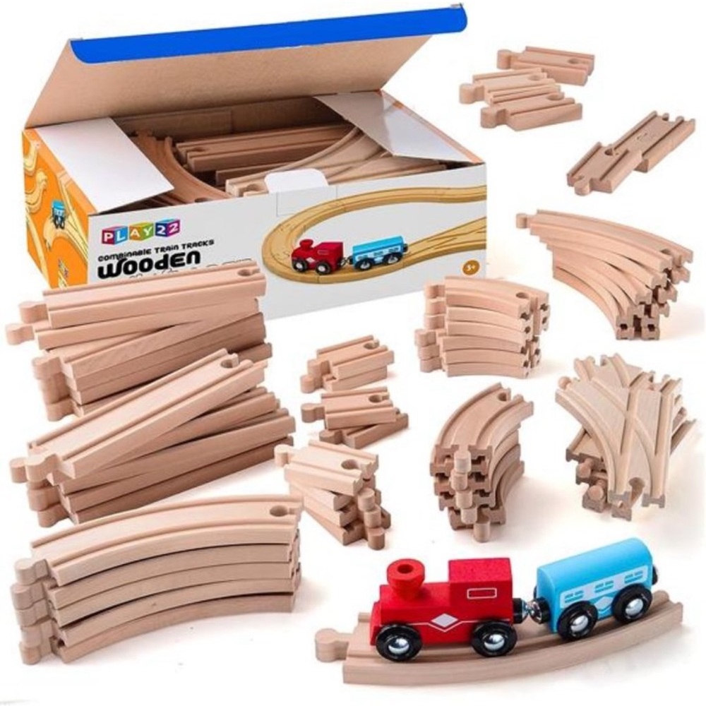 Wooden Train Tracks - 52 PCS + 2 Bonus Car Toy Trains - for Kids is Compatible